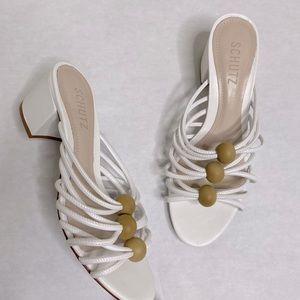 Schutz Roanna Strappy White Leather Heeled Sandals Embellished